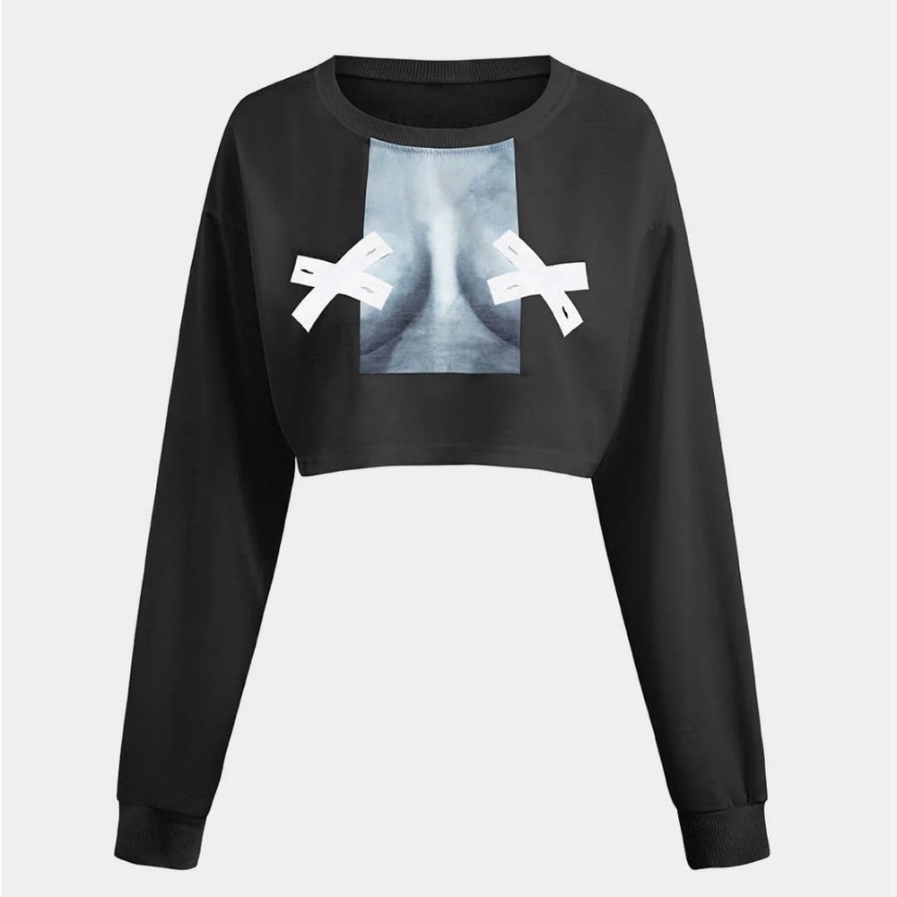 Body Print Round Neck Long Sleeve Crop Top